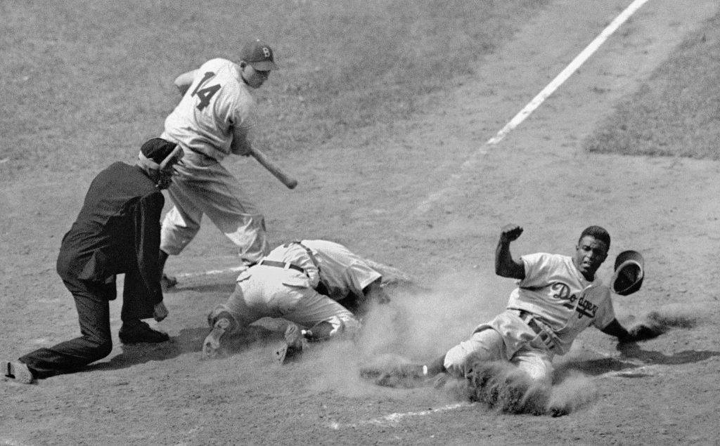 Jackie Robinson At Home Plate, 1947 by Bettmann